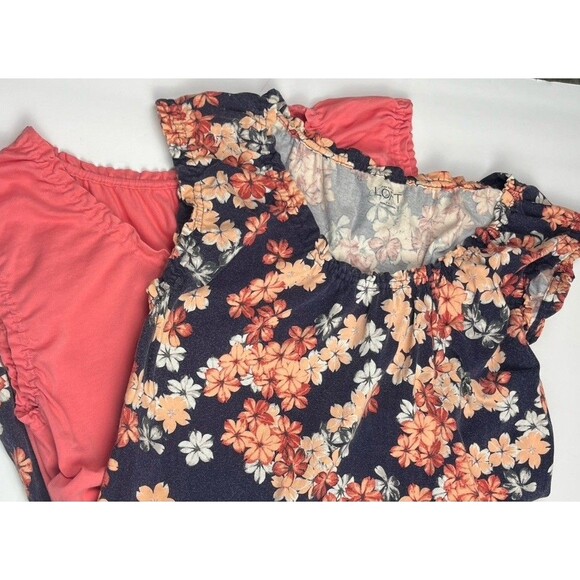 Loft Top LOT 2 Short Sleeve Ruffle T Shirt Floral Navy Blue Peach Tee Large Boho - Picture 1 of 9
